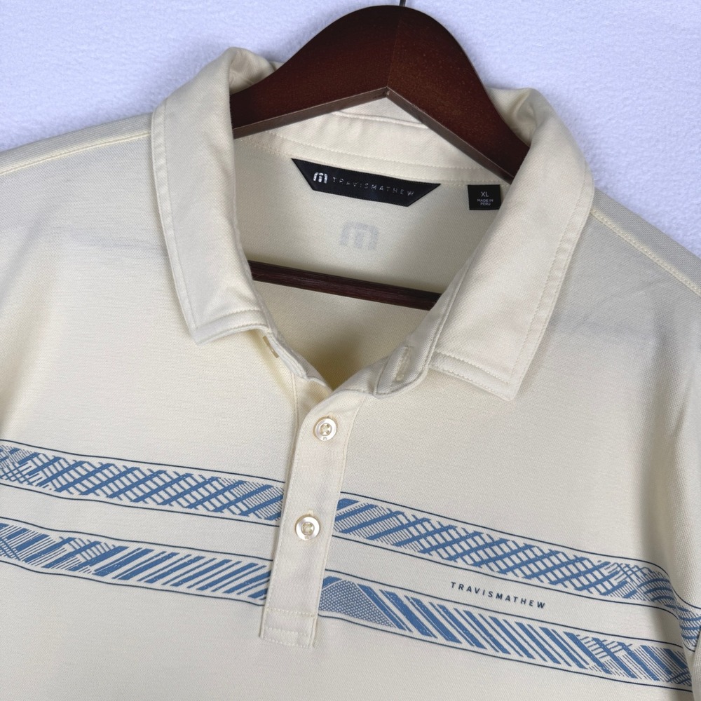 Travis Mathew Jetty Jumper Polo Shirt Mens XL Yellow Striped Short Sleeve Golf